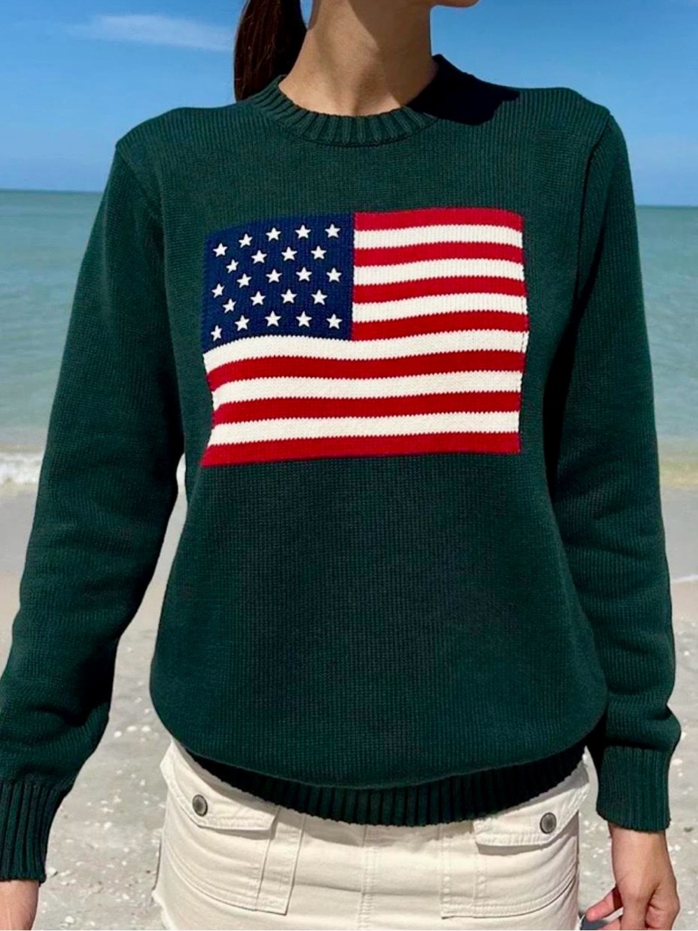 Brandy Melville Forest Green Crewneck Sweater with Flag Motif